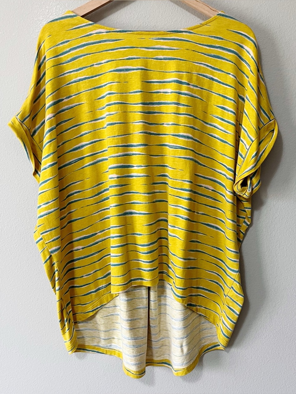 Garnet Hill Mustard Yellow Stripe Pleat-Back Cocoon Top Short Sleeve Size XL